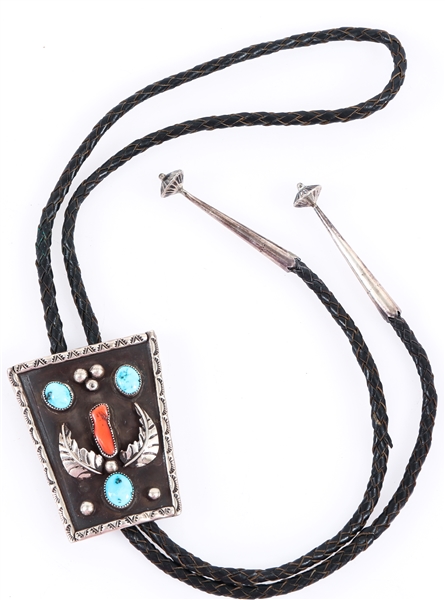 NATIVE AMERICAN STERLING SILVER TURQUOISE & CORAL BOLO TIE