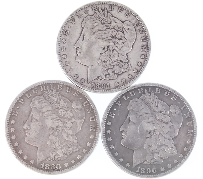 1880-S, 1891-P & 1896-P US MORGAN SILVER DOLLAR COINS