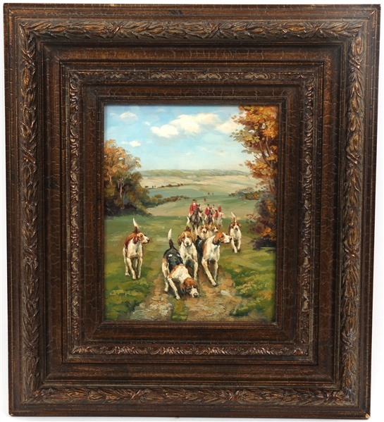 ENGLISH HUNT SCENE OIL PAINTING ON CANVAS IN GILT FRAME