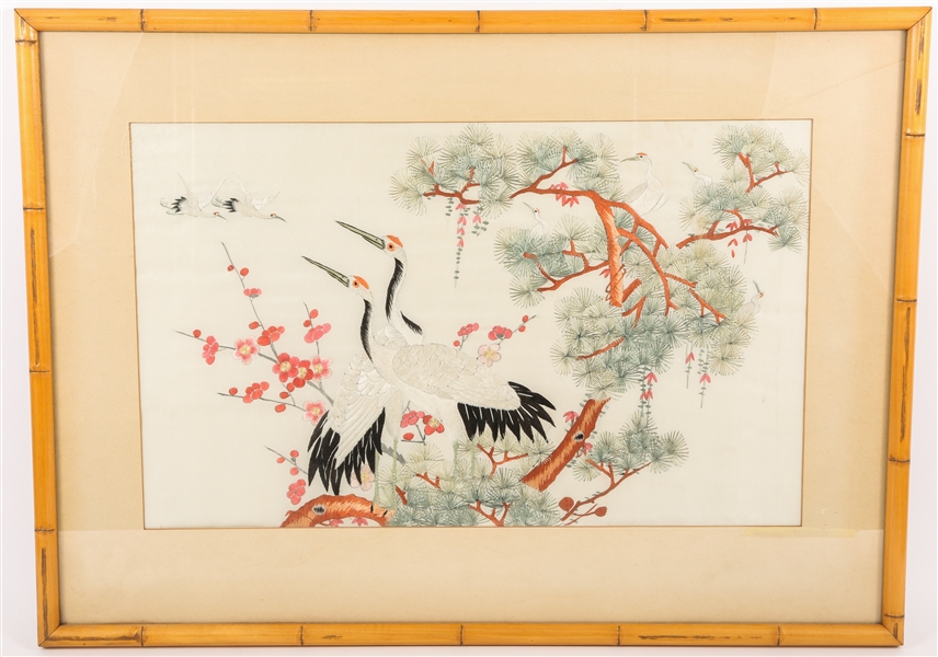 FRAMED CHINESE SILK CRANE EMBROIDERY