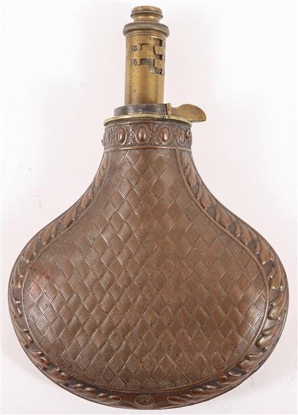 EARLY 20TH C. BRASS/COPPER WOVEN DESIGN POWDER FLASK