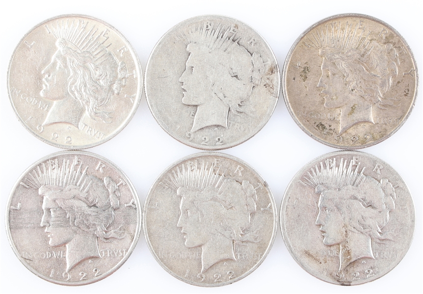 1922 US SILVER PEACE DOLLAR COINS - LOT OF 6