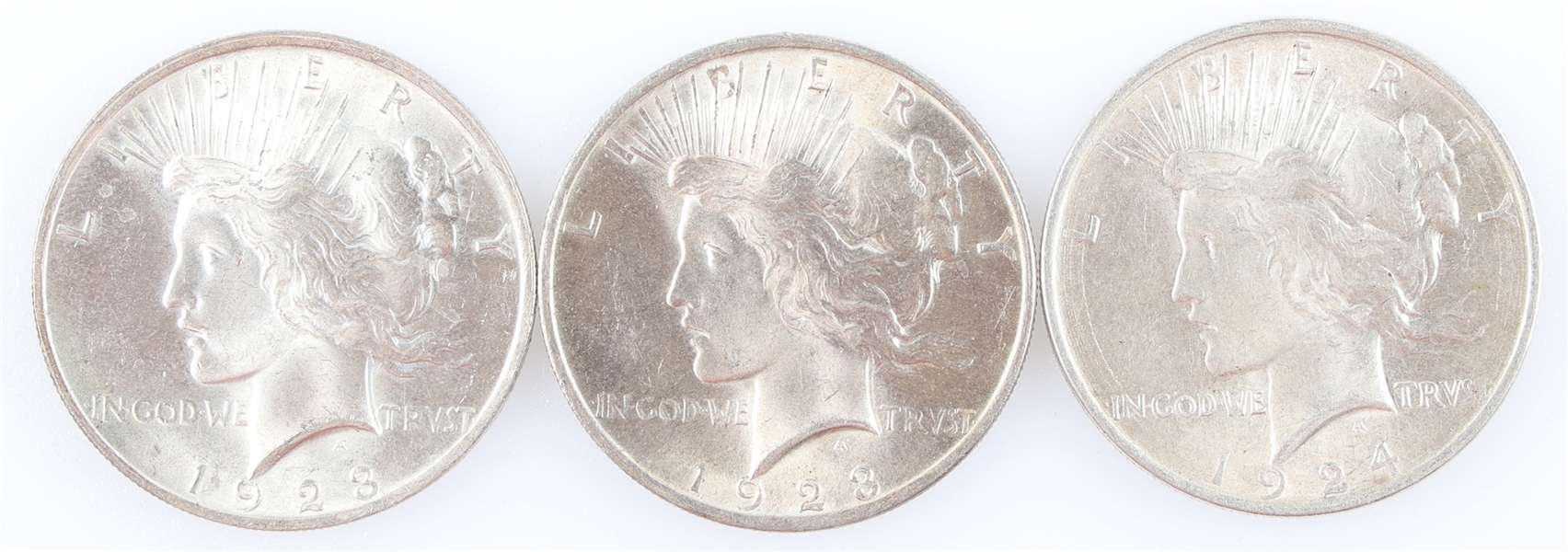 1923 & 1924 US SILVER PEACE DOLLAR COINS - LOT OF 3