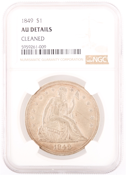 1849 SEATED LIBERTY SILVER $1 DOLLAR COIN NGC AU