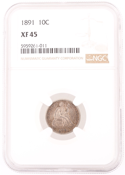 US SEATED LIBERTY 10C DIME COIN NGC XF 45