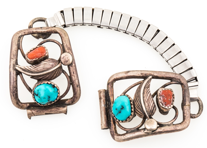 NAVAJO STERLING SILVER TURQUOISE & CORAL WATCH BAND