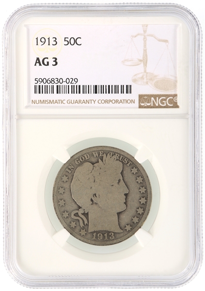 1913 US BARBER HALF DOLLAR 50C COIN NGC AG 3