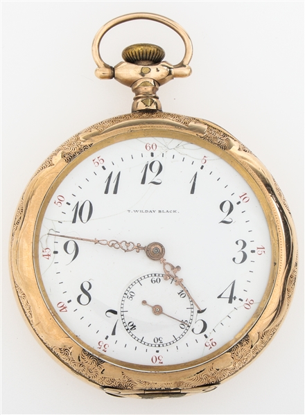 EARLY 20TH C. T. WILDAY BLACK GOLD FILLED POCKET WATCH