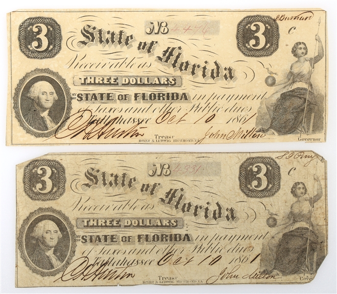 OCTOBER 1861 $3 STATE OF FLORIDA OBSOLETE BANKNOTES