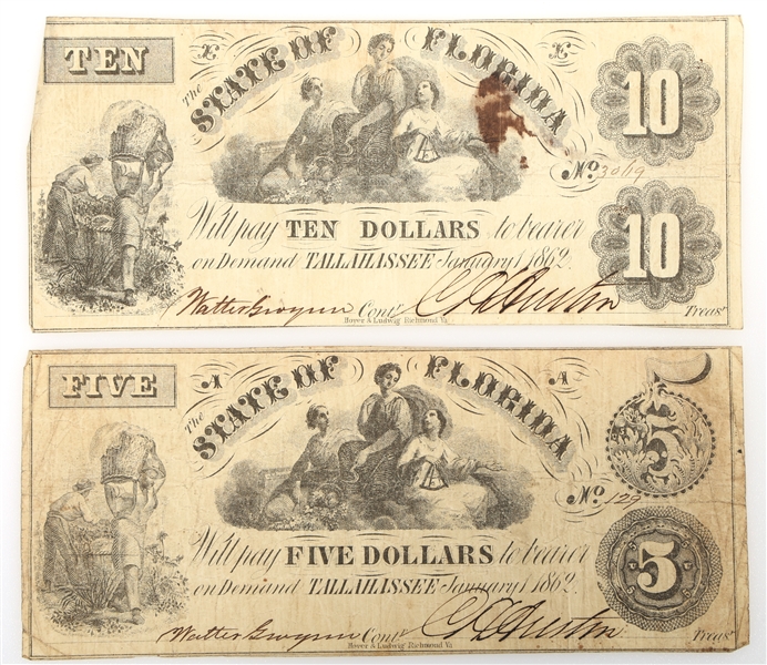 1862 $5, $10 STATE OF FL TALLAHASSEE OBSOLETE BANKNOTES