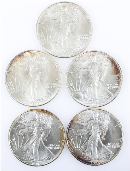 1986 US $1 1 OZ SILVER AMERICAN EAGLE COINS - LOT OF 5