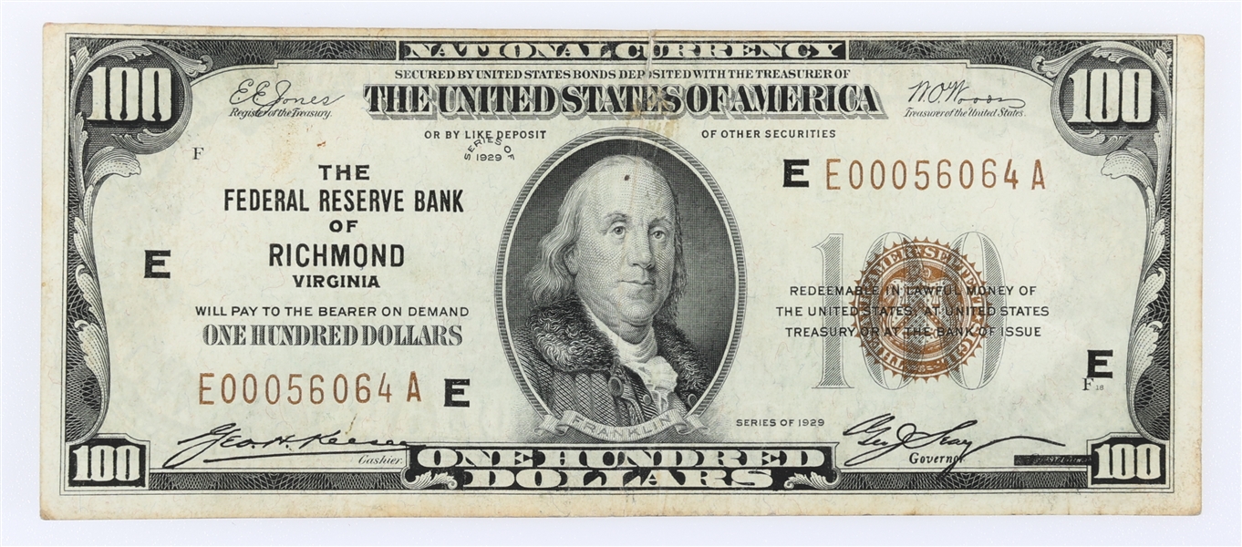 1929 US $100 FEDERAL RESERVE RICHMOND, VIRGINIA NOTE