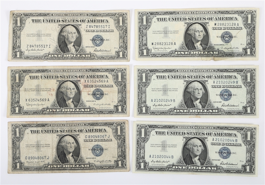 1935 & 1957 US $1 SILVER CERTIFICATE NOTES - LOT OF 6