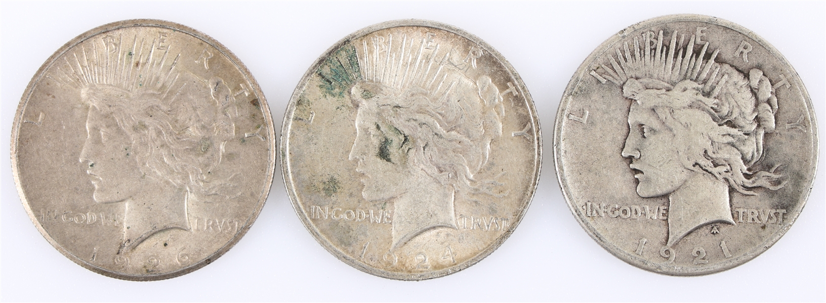 1921, 1924, 1926 US SILVER PEACE DOLLAR COINS LOT OF 3