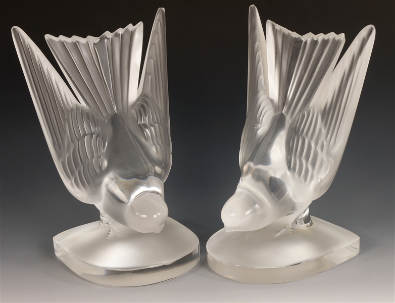 LALIQUE CRYSTAL HIRONDELLE BIRD BOOKEND PAIR