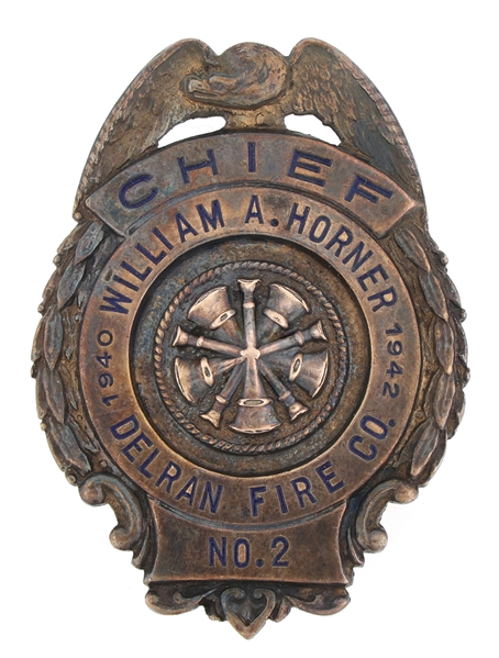 1940s DELRAN FIRE CO. NAMED CHIEF BADGE NO. 2 