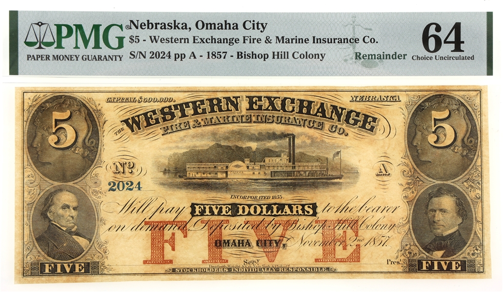 1857 $5 WESTERN EXCH. FIRE & MARINE INSURANCE CO. NOTE