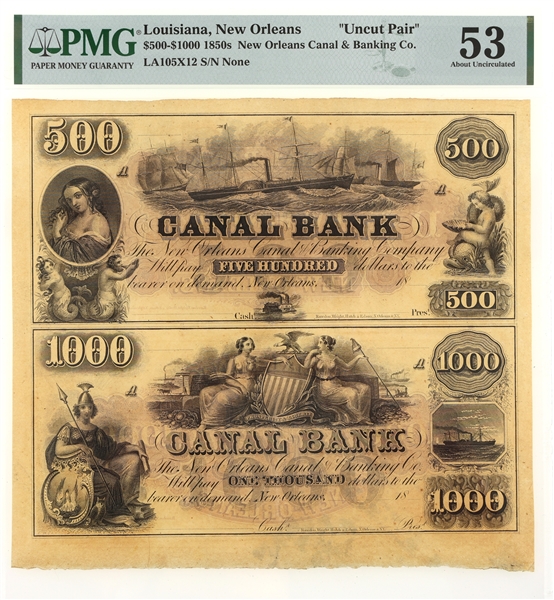 1850s $500-$1000 NOLA CANAL BANK UNCUT PAIR NOTES PMG