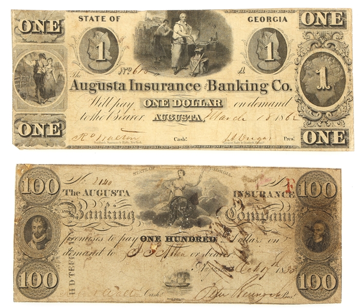 $1 & $100 AUGUSTA INSURANCE & BANKING CO. NOTES 