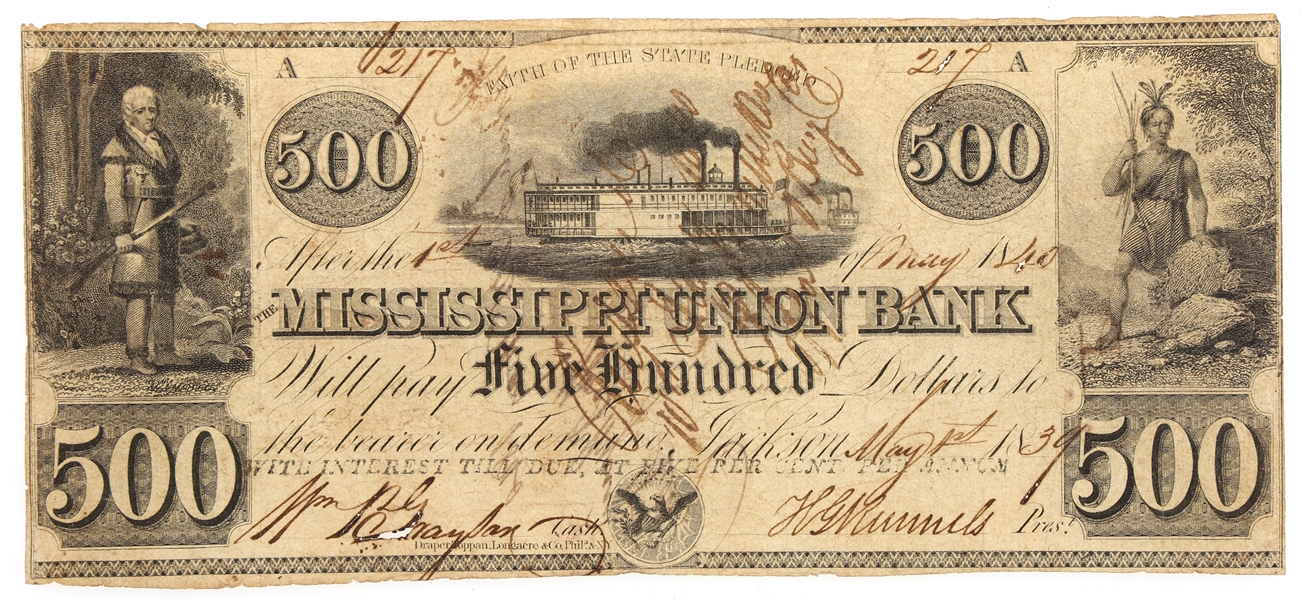 1839 $500 JACKSON MISSISSIPPI UNION BANK OBSOLETE NOTE
