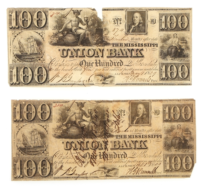 1839 $100 JACKSON MISSISSIPPI UNION BANK OBSOLETE NOTES