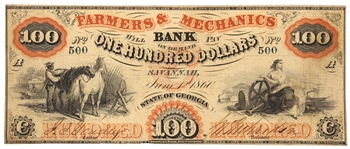 1860 $100 SAVANNAH GA FARMERS & MECHANICS BANKNOTE