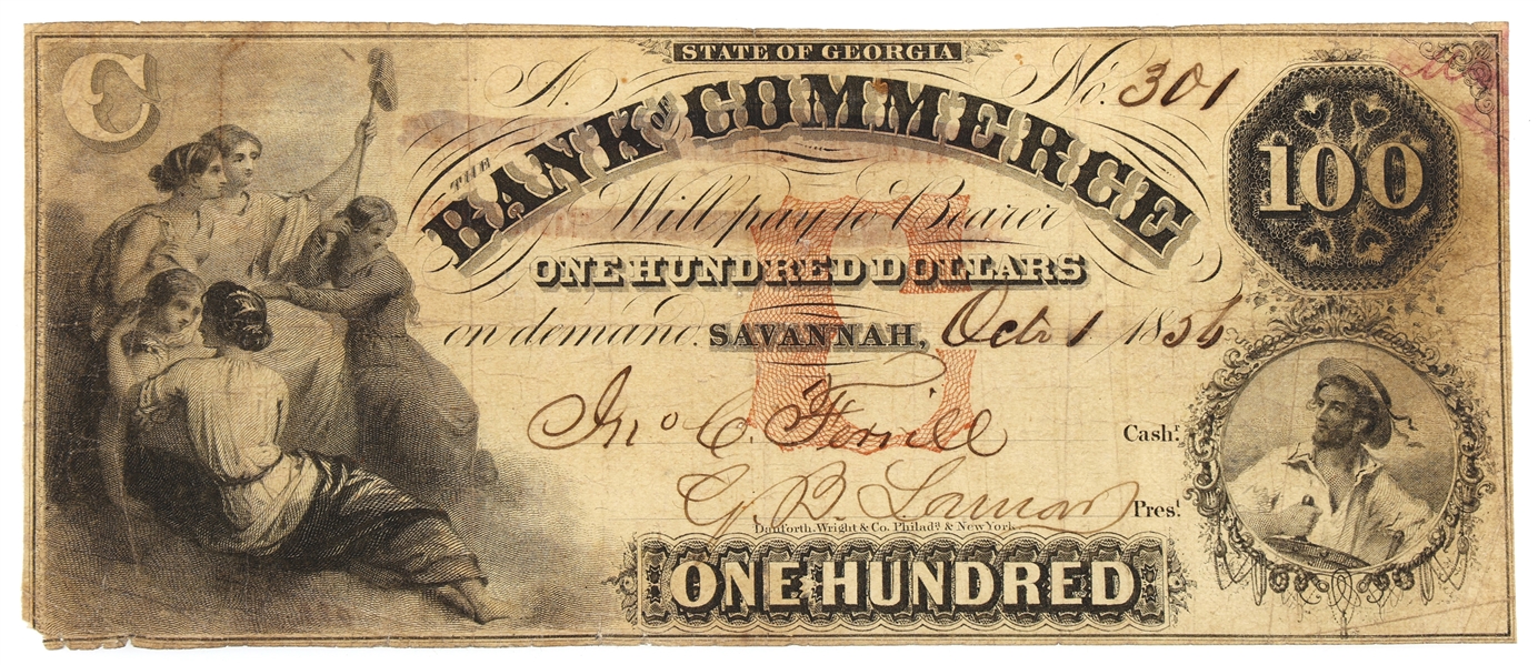 1856 $100 SAVANNAH GA BANK OF COMMERCE OBSOLETE NOTE