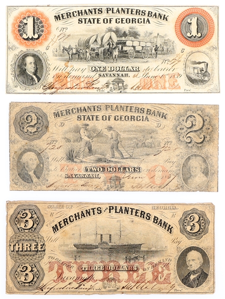 1850s GEORGIA MERCHANTS & PLANTERS BANK NOTES $1 $2 $3