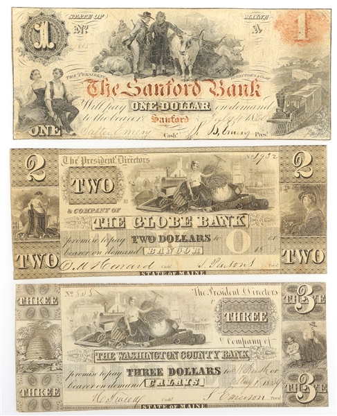 1800s MAINE OBSOLETE $1 $2 $3 BANKNOTES 