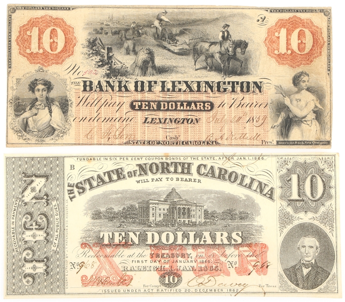 1850s - 60s $10 NORTH CAROLINA OBSOLETE BANKNOTES