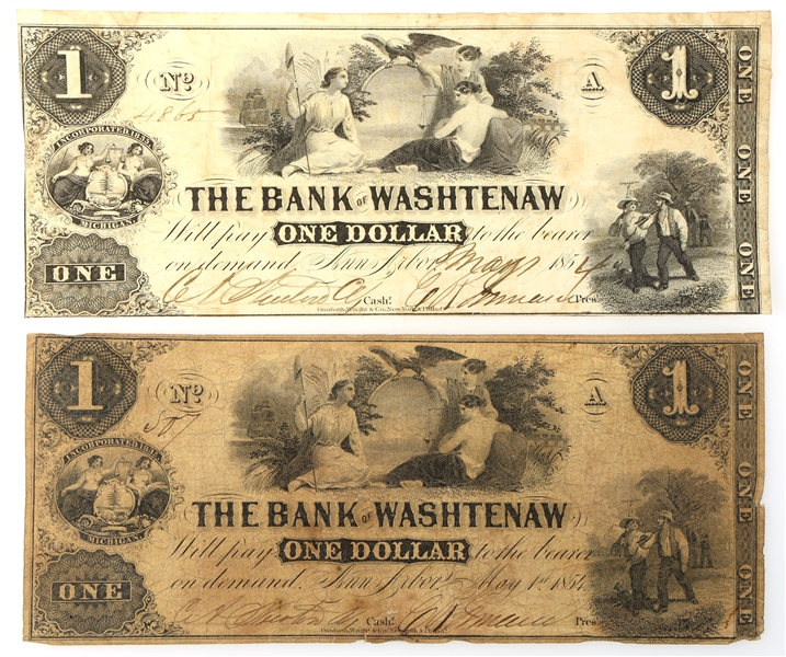 1854 $1 ANN ARBOR MI BANK OF WASHTENAW OBSOLETE NOTES