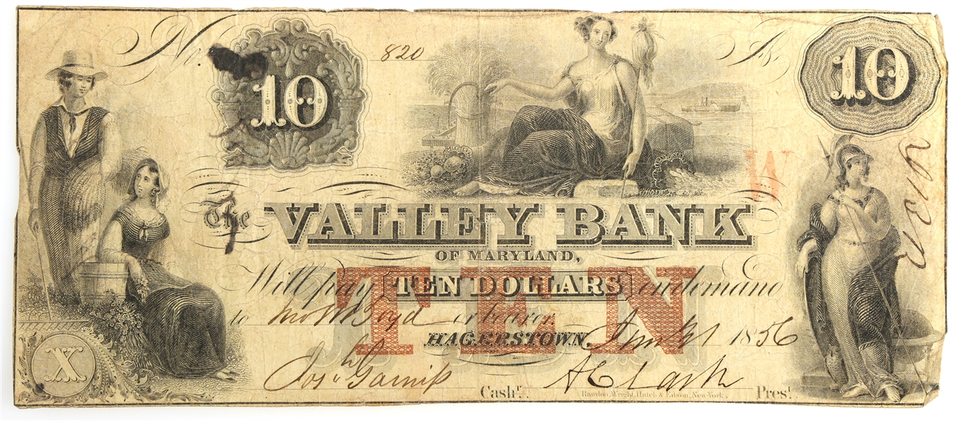 1856 $10 HAGERSTOWN MD THE VALLEY BANK OBSOLETE NOTE