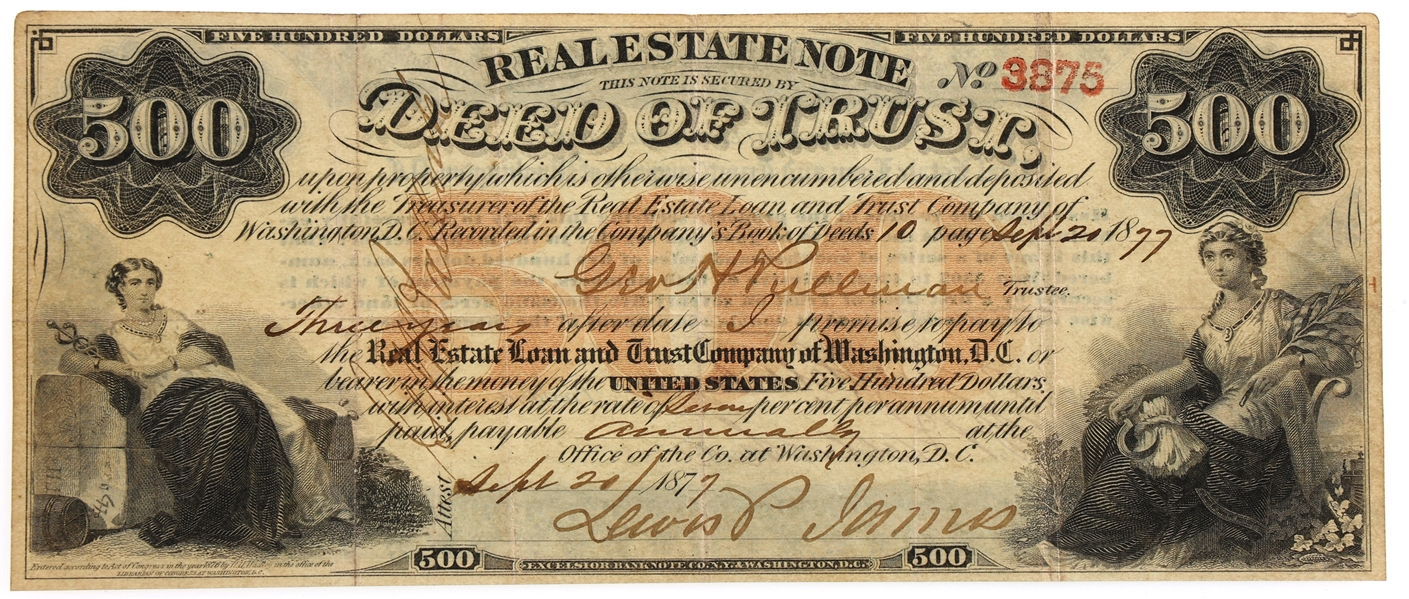 1877 $500 WASHINGTON DC REAL ESTATE LAND TRUST CO NOTE