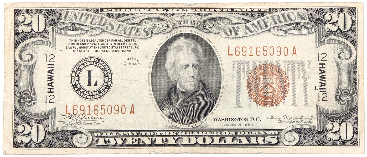 1934 $20 HAWAII WWII EMERGENCY ISSUE FED RESERVE NOTE