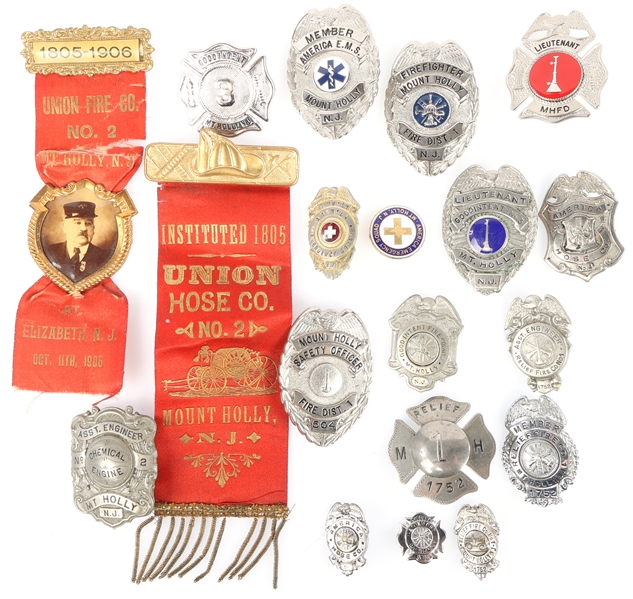 MOUNT HOLLY NJ BADGE AND RIBBON COLLECTION - LOT OF 19