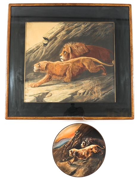 CROUCHING LIONS SILK EMBROIDERY, PORCELAIN NIPPON PLATE