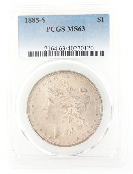 1885-S US SILVER MORGAN DOLLAR COIN PCGS GRADED MS63