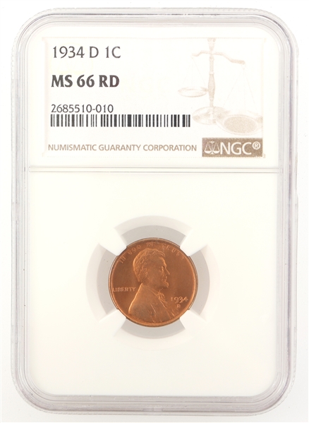 1934-D LINCOLN WHEAT 1C COIN NGC GRADED MS66 RD