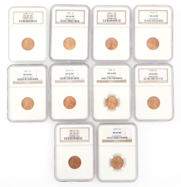 1930s US LINCOLN WHEAT 1 CENT COINS NGC GRADED MS66 RD
