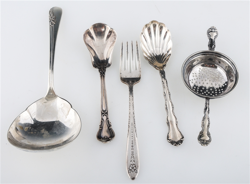 20TH C. STERLING SILVER SPOONS, FORK & TEA STRAINER