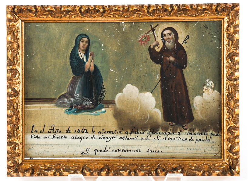 19TH C. MEXICAN EX VOTO PAINTING ON METAL 