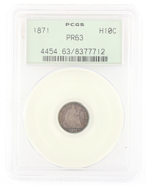 1871-P US SILVER SEATED LIBERTY 10C DIME PCGS PR63 OGH