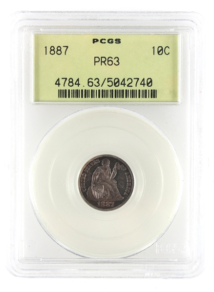 1887-P US SILVER SEATED LIBERTY 10C DIME PCGS PR63 OGH