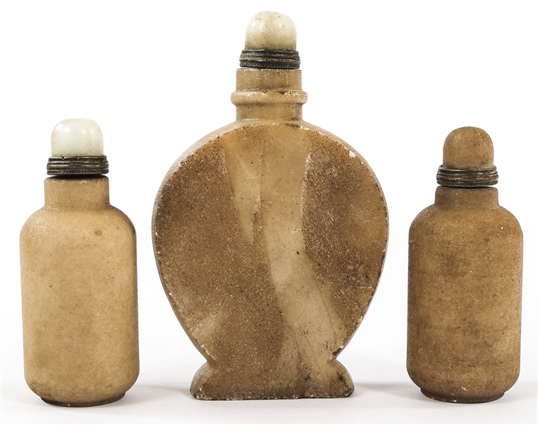 CARVED SOFTSTONE SNUFF BOTTLES - LOT OF 3
