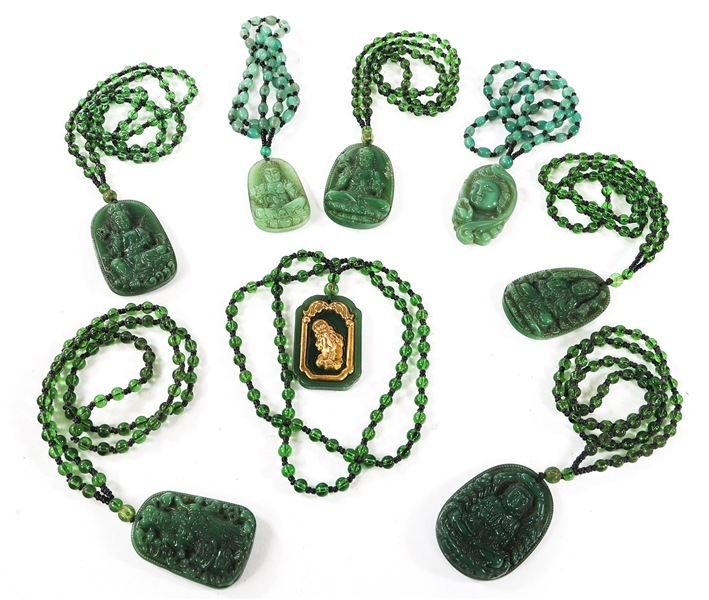 GLASS BEADED NECKLACES WITH JADE PENDANTS - LOT OF 8