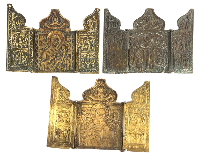19th C. RUSSIAN ORTHODOX BRASS TRIPTYCH ICONS