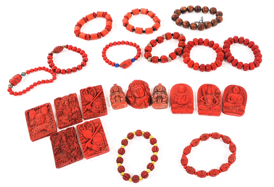 CHINESE CARVED CINNABAR AND WOOD BRACELETS AND PENDANTS