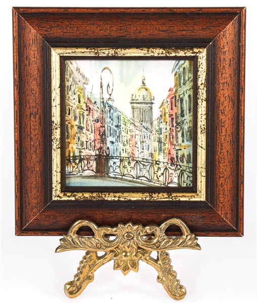 MINIATURE WATERCOLOR PAINTING OF A CITY SCENE