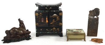 ASIAN CARVED STATUES, CHOP, JEWELRY BOX, & TRINKET BOX