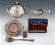 SILVER TEAPOT, TRAY, SPOONS & SILVER PLATE FISH FORK